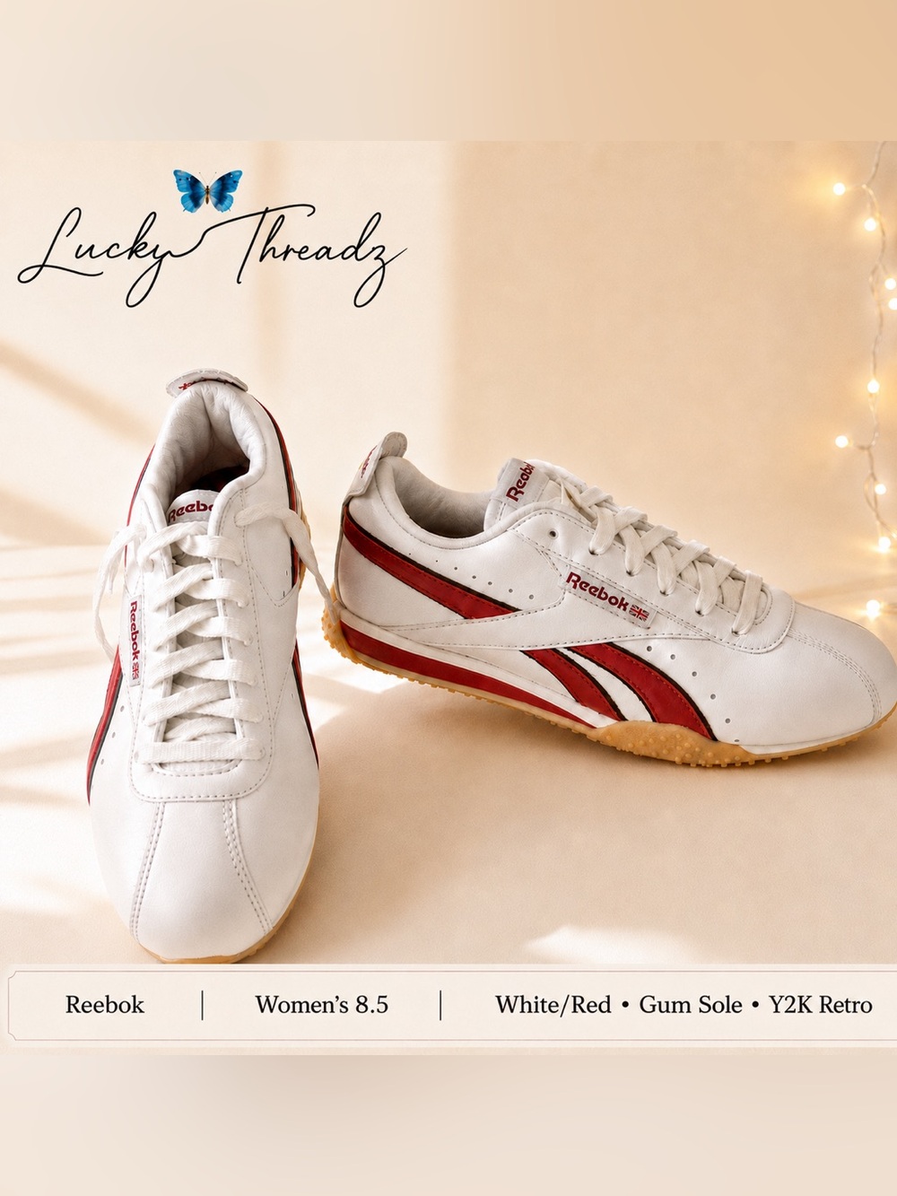 Reebok White Red Gum Sole Y2K Retro Low Top Leather Sneakers Women’s Size 8.5